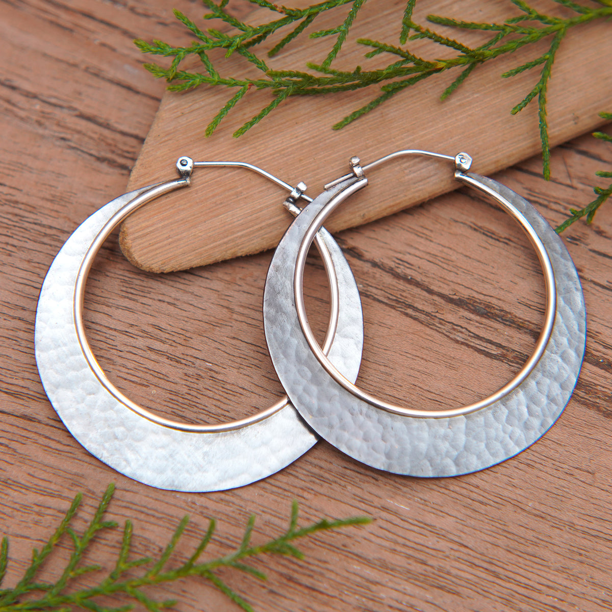 Hammered Copper and Silver Hoop Earrings - Celestial Sunrise
