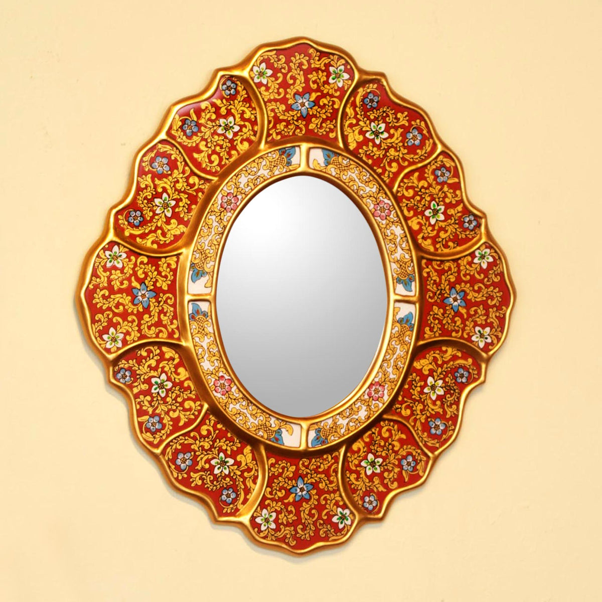 Floral Crimson Reverse Painted Glass Wall Mirror