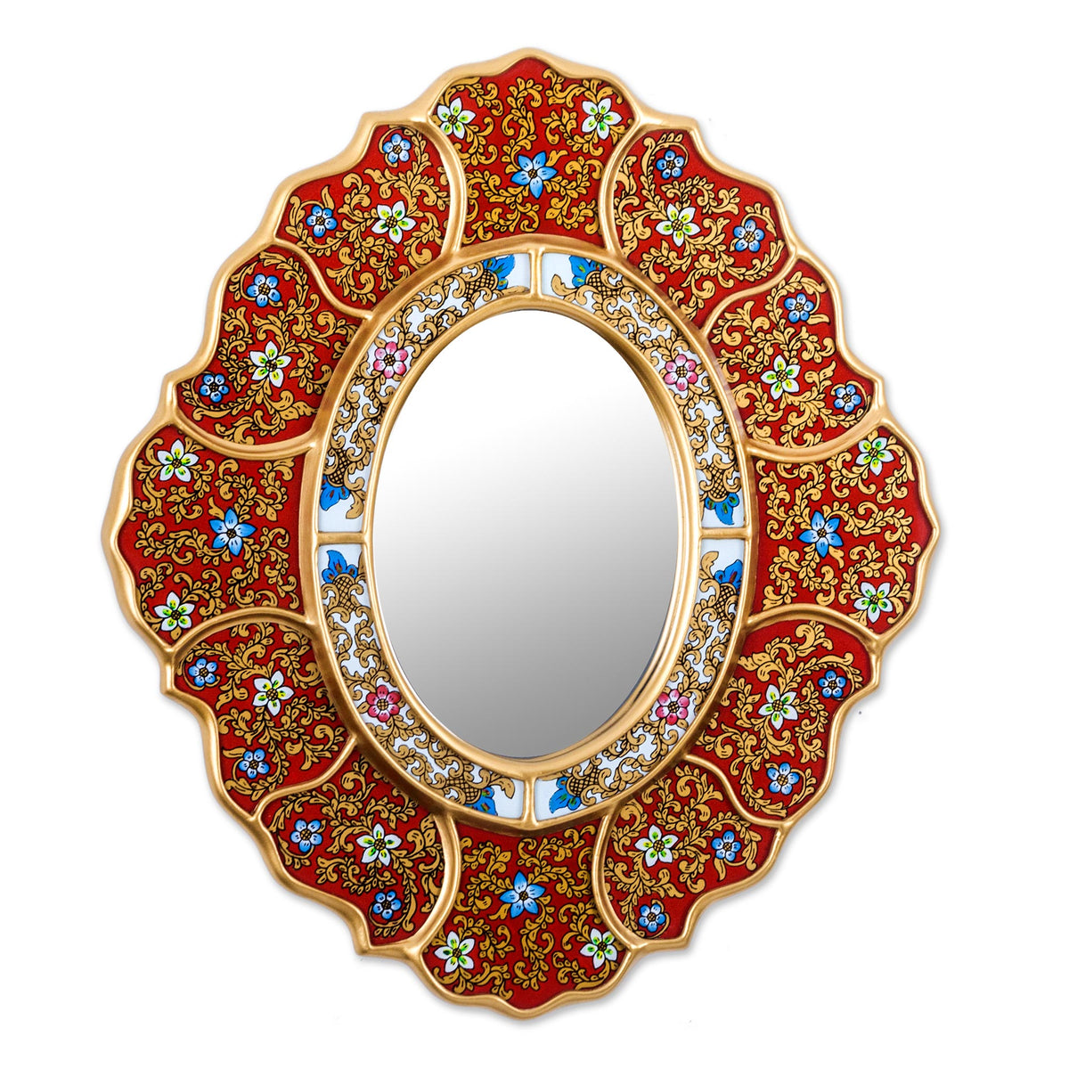 Floral Crimson Reverse Painted Glass Wall Mirror