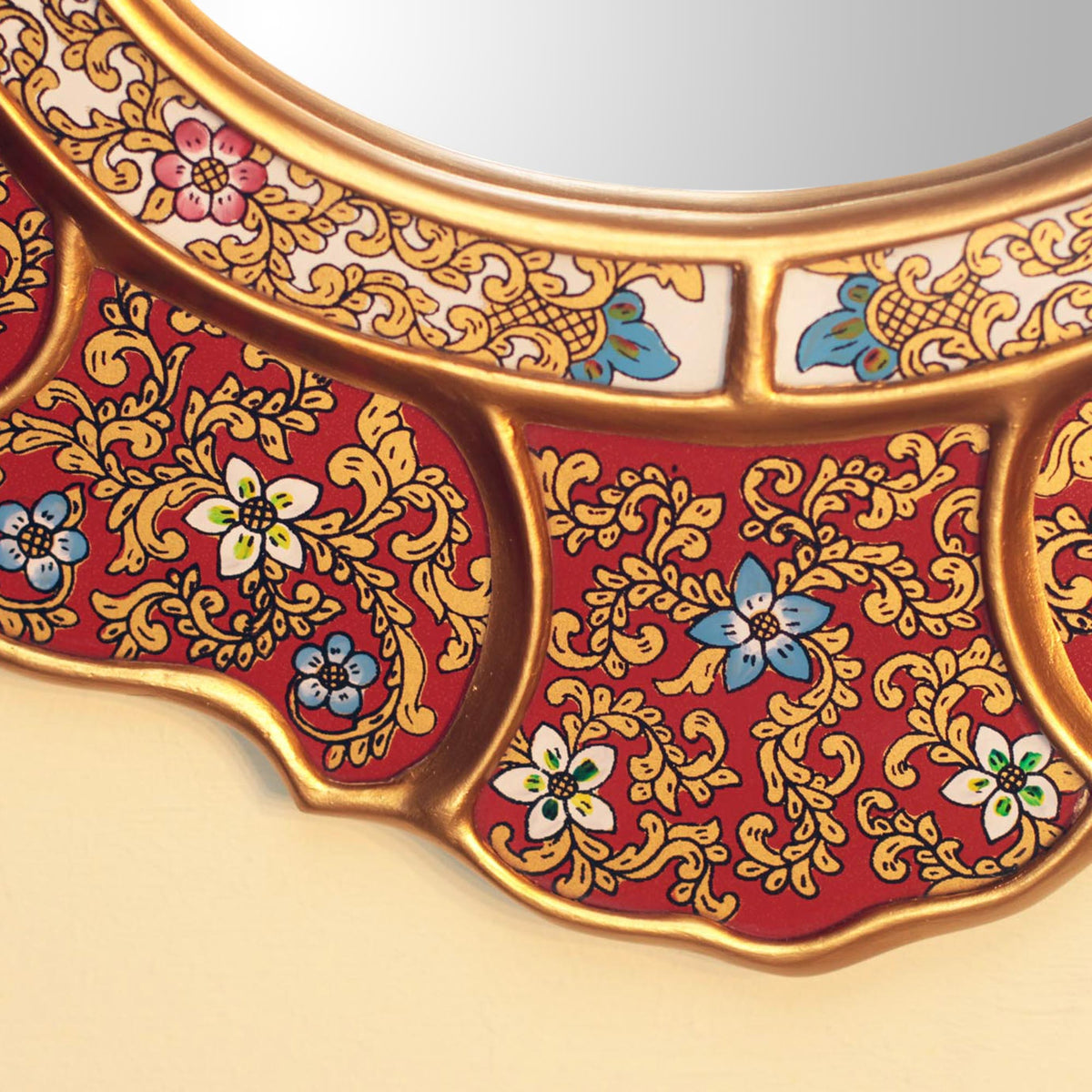 Floral Crimson Reverse Painted Glass Wall Mirror