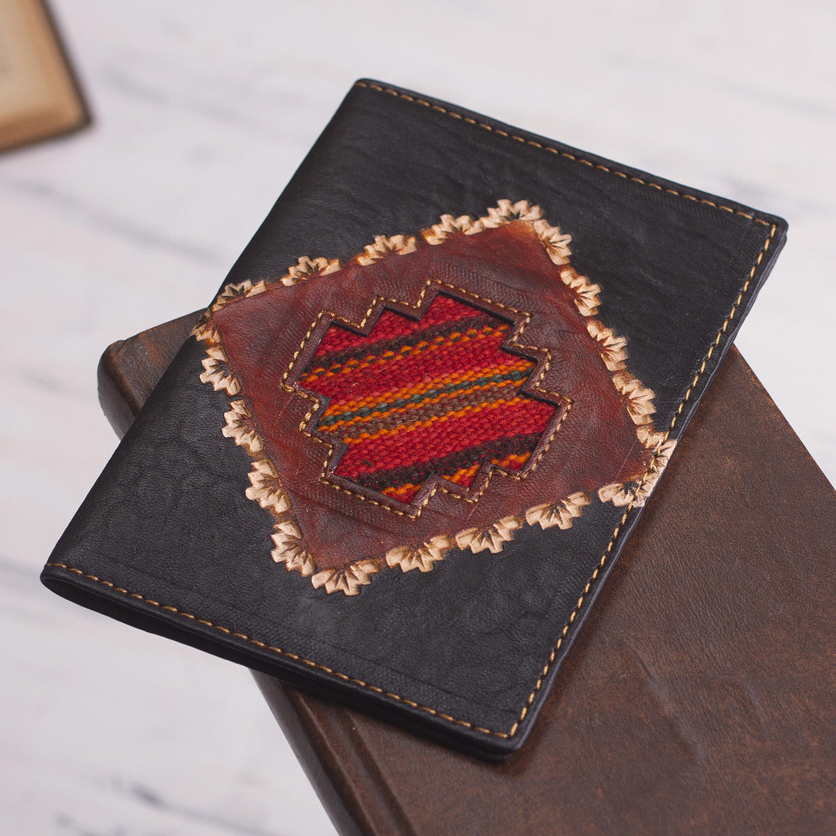 Dark Brown Leather Passport Cover with Incan Cross Design - Inca Traveler