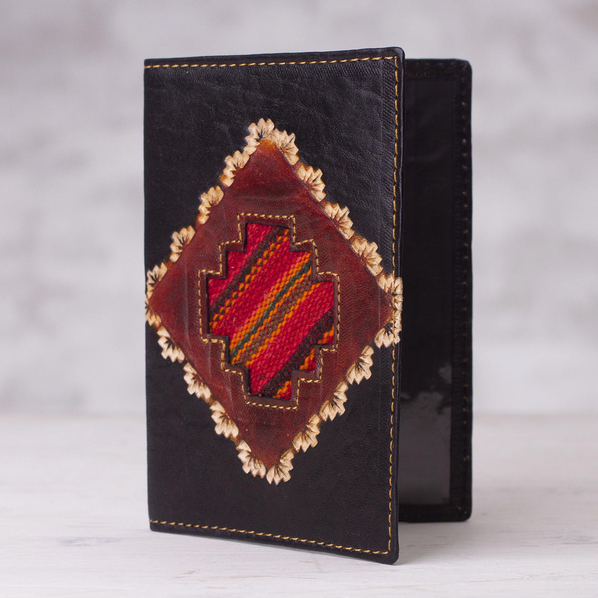Dark Brown Leather Passport Cover with Incan Cross Design - Inca Traveler