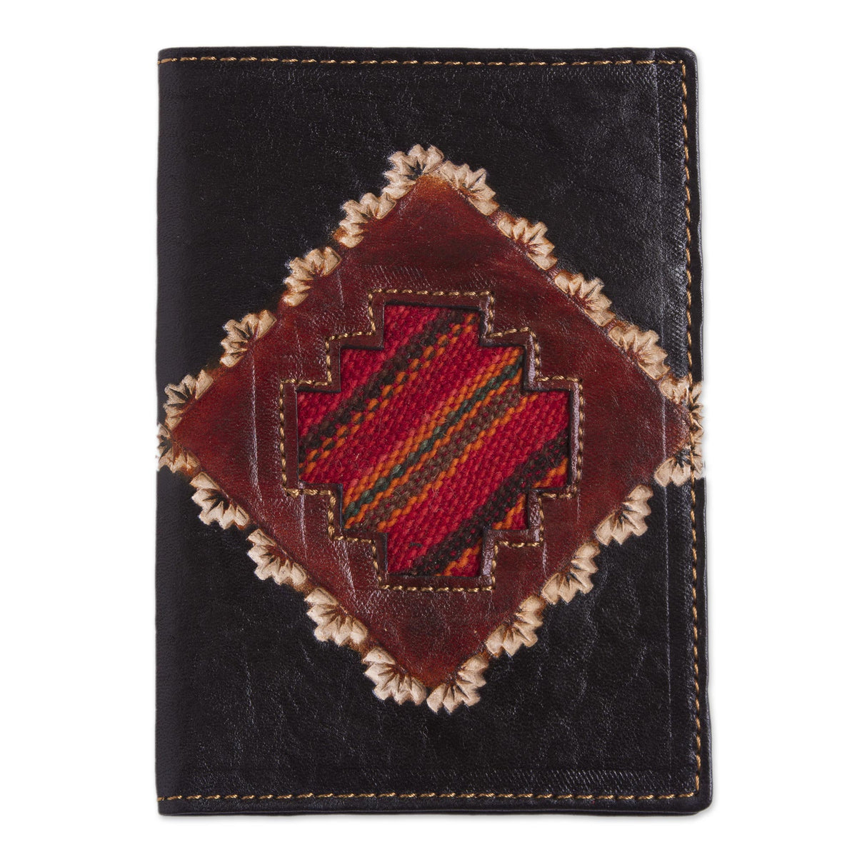 Dark Brown Leather Passport Cover with Incan Cross Design - Inca Traveler