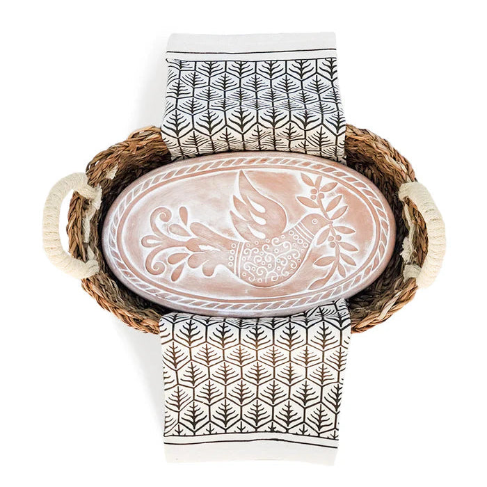 Bread Warmer & Basket with Tea Towel Oval Gift Set