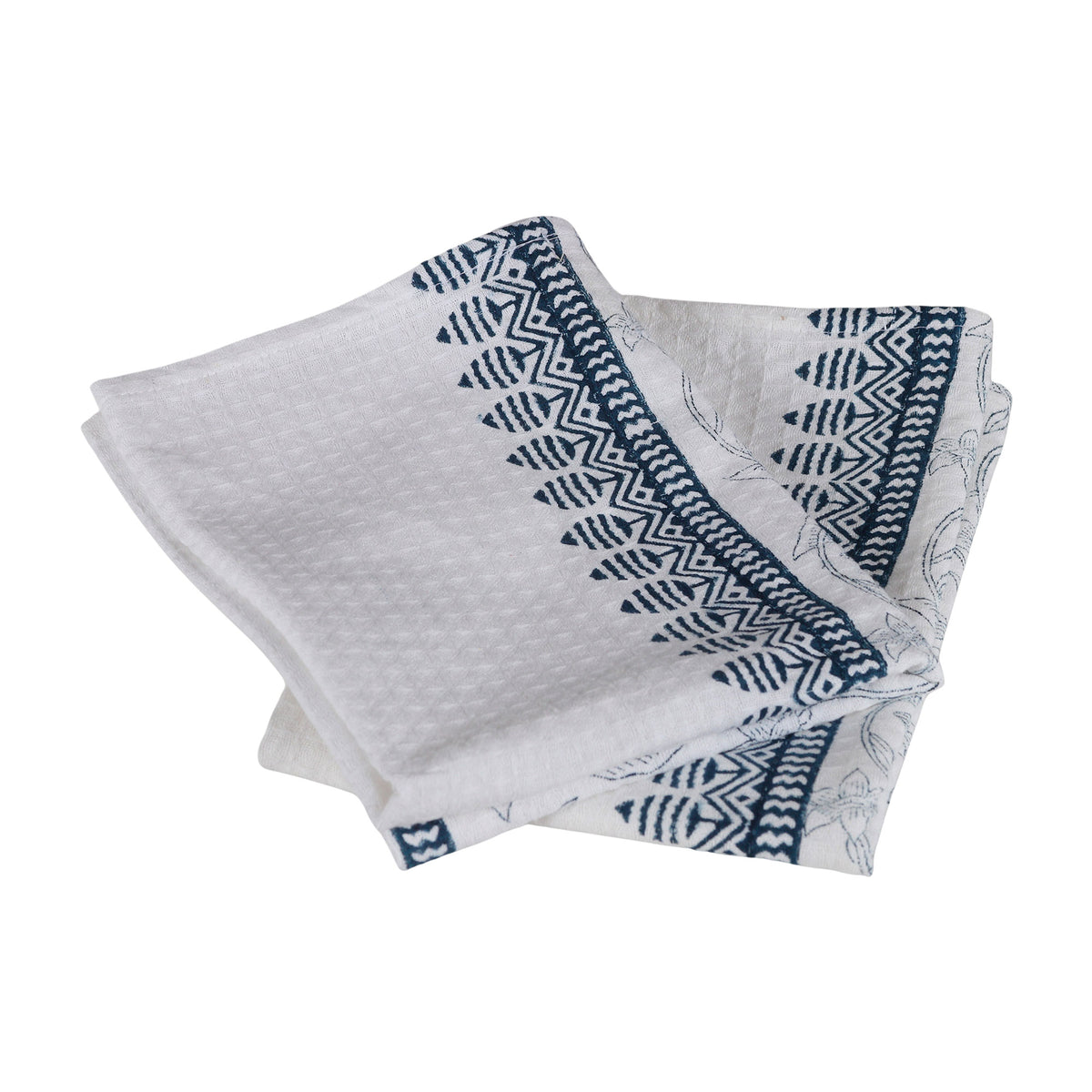 Pair of Hand-Block Printed Floral and Leaf Cotton Dish Towels