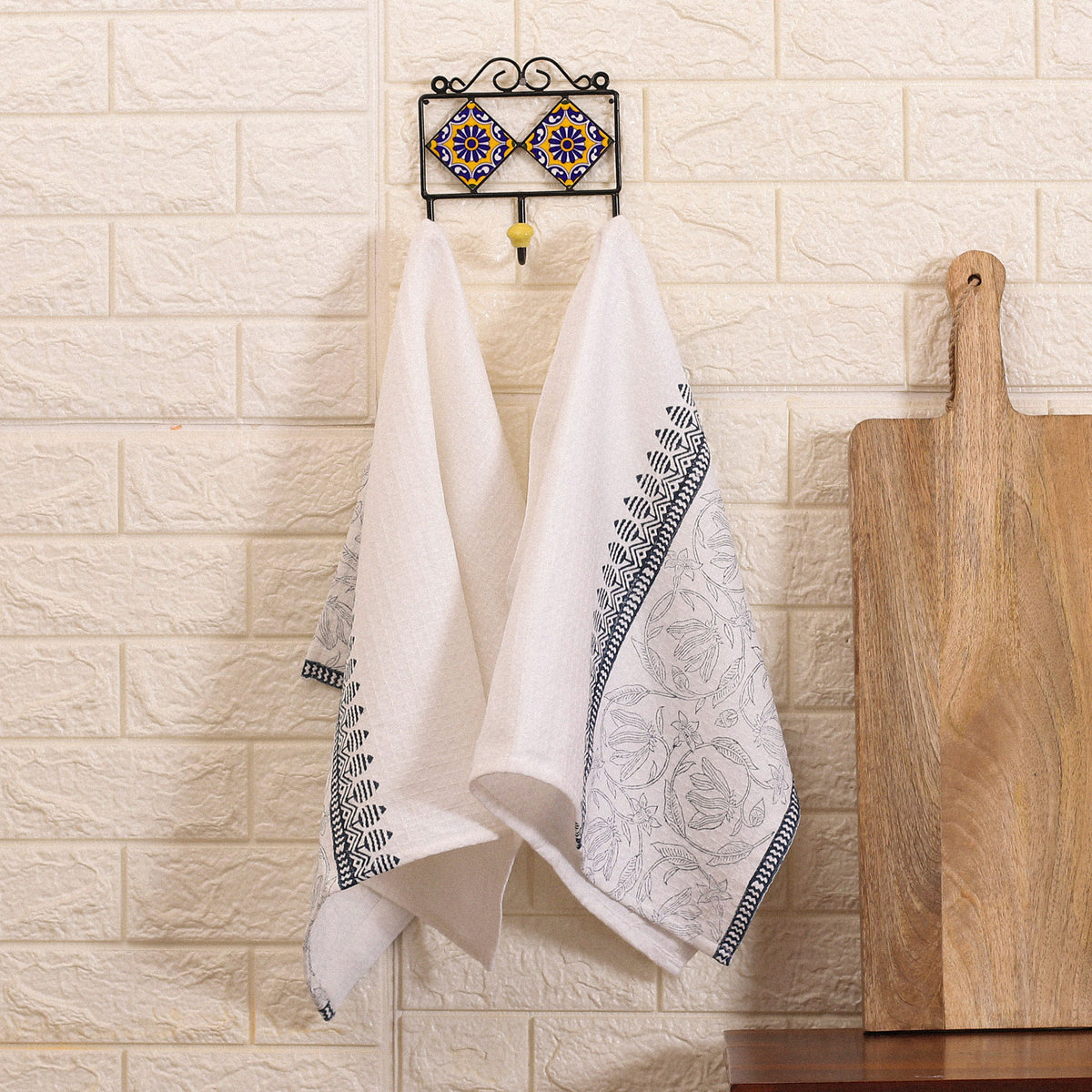 Pair of Hand-Block Printed Floral and Leaf Cotton Dish Towels