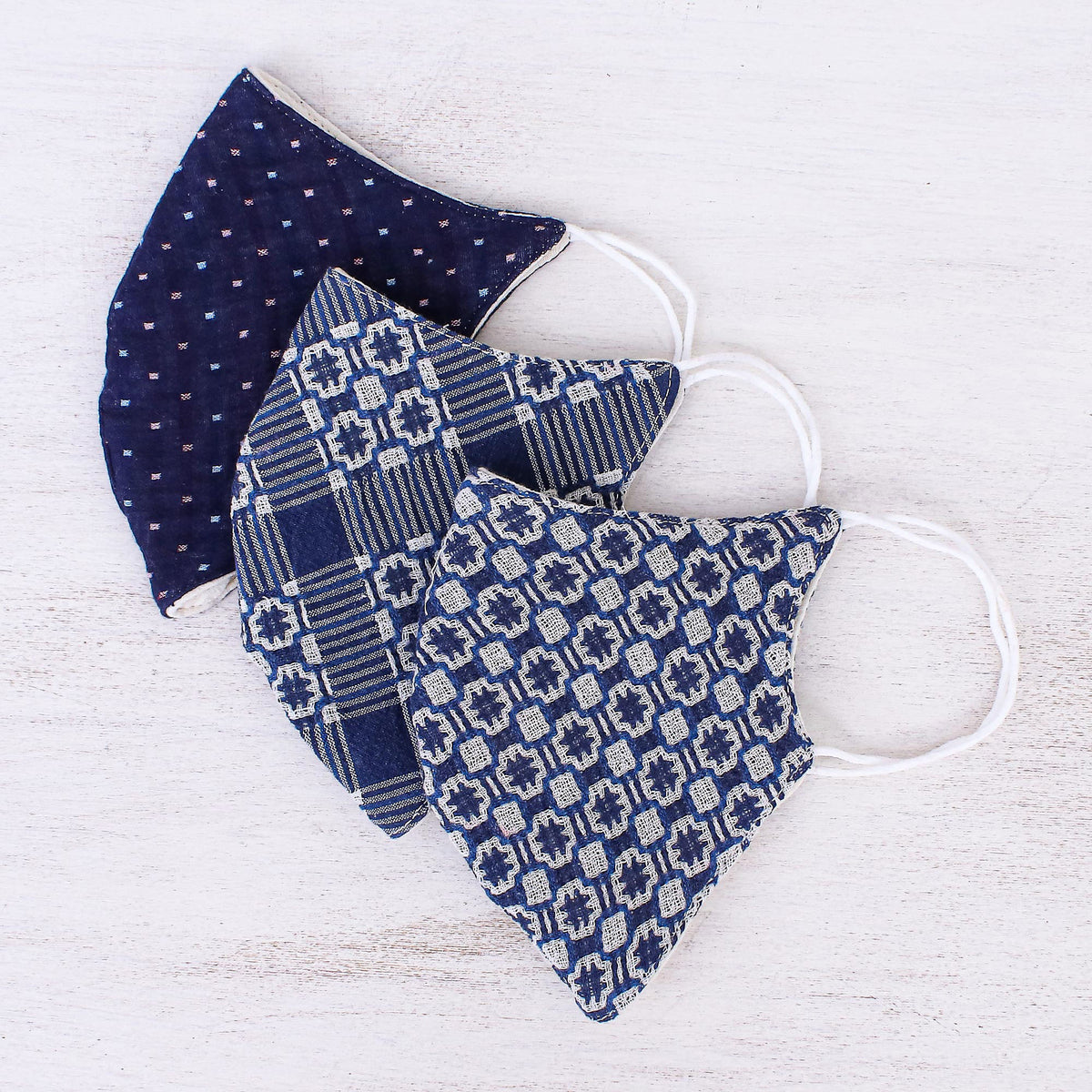  Cool Thai Blues  - Handmade White & Navy Blue Cotton Face Masks