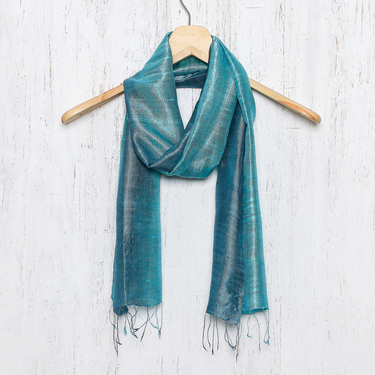 Peacock Blue - Artisan Crafted 100% Silk Teal Wrap Scarf from Thailand 