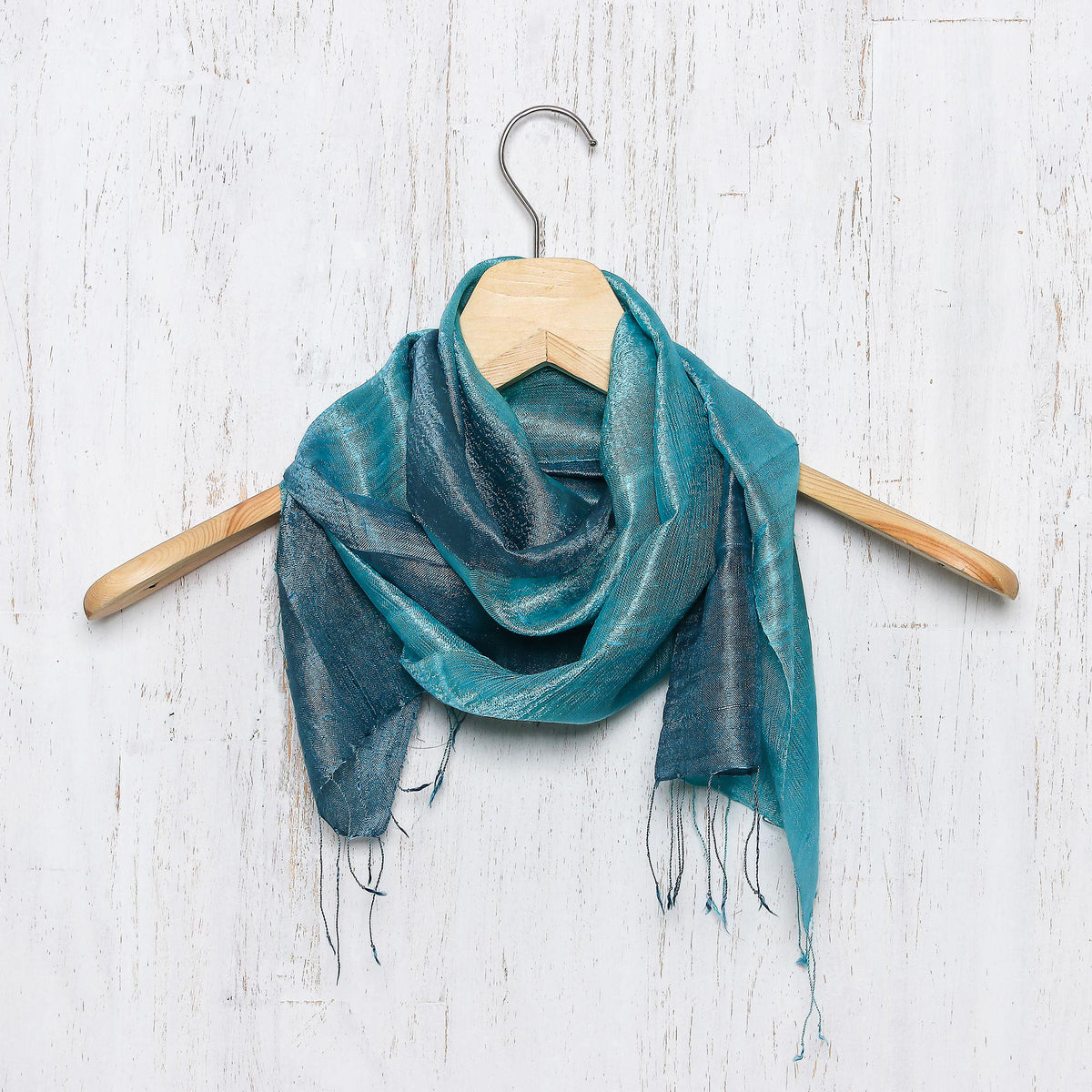Peacock Blue - Artisan Crafted 100% Silk Teal Wrap Scarf from Thailand 