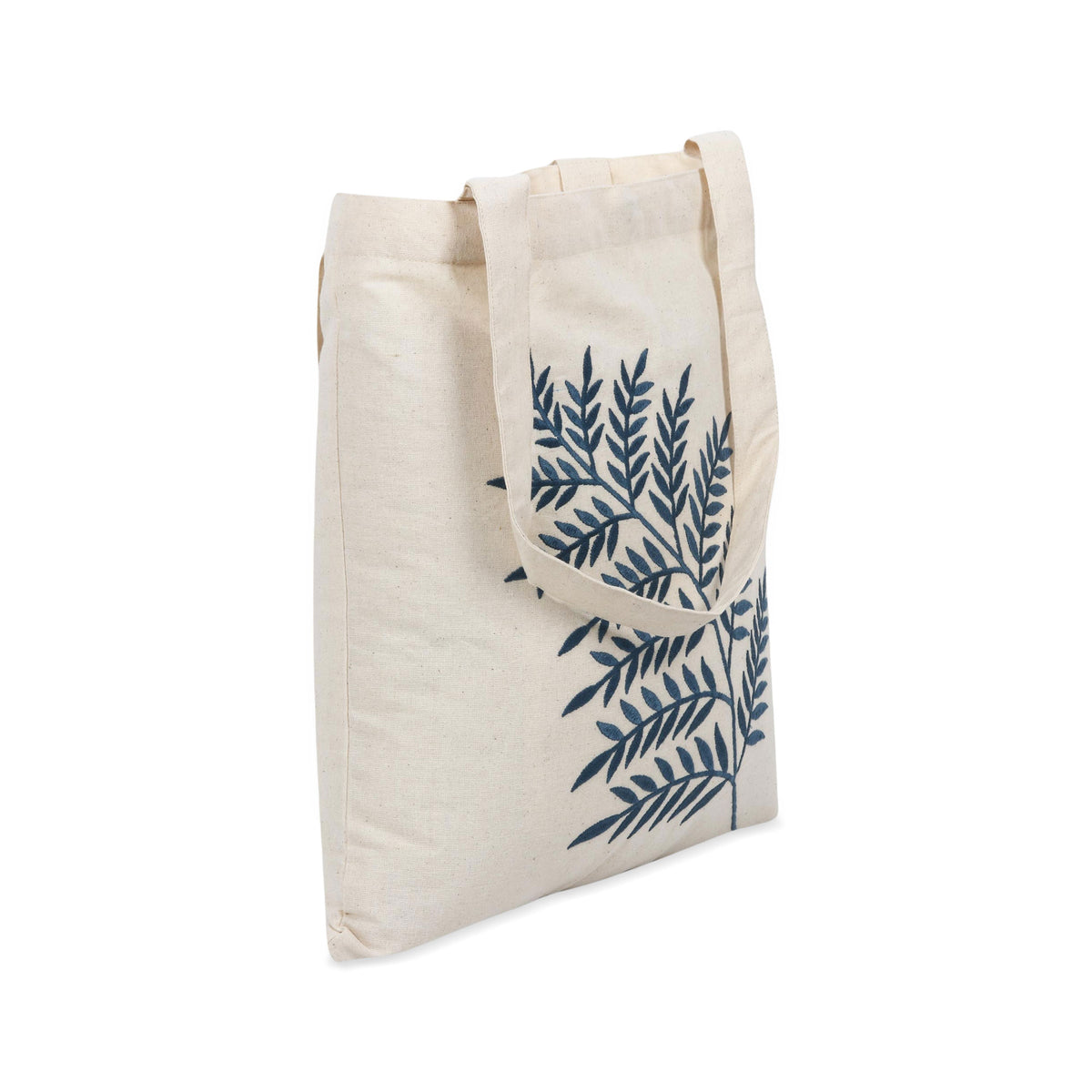 Ferny Frond in Azure - Azure Fern Pattern Embroidered Cotton Shoulder Bag