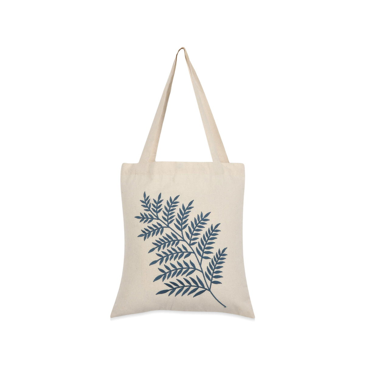 Ferny Frond in Azure - Azure Fern Pattern Embroidered Cotton Shoulder Bag
