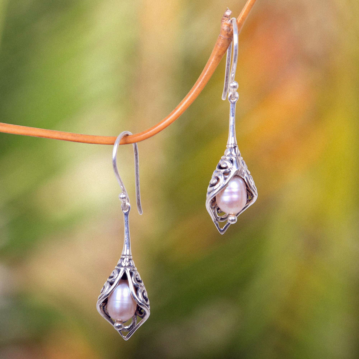 White Calla Lily - Balinese Cultured Pearl Earrings Crafted of Sterling Silver 