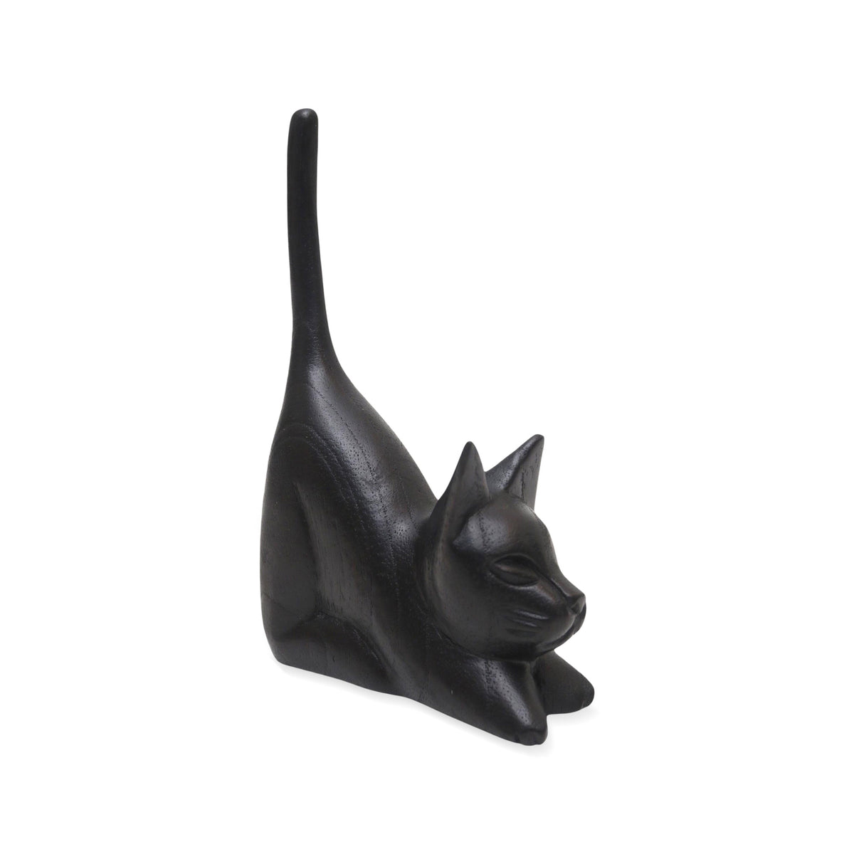 Stretching Black Kitten - a Balinese Hand-Carved Jempinis Wood Sculpture of Black Cat