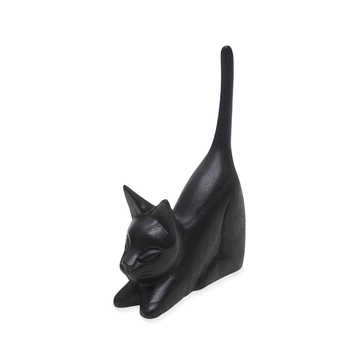 Stretching Black Kitten - a Balinese Hand-Carved Jempinis Wood Sculpture of Black Cat