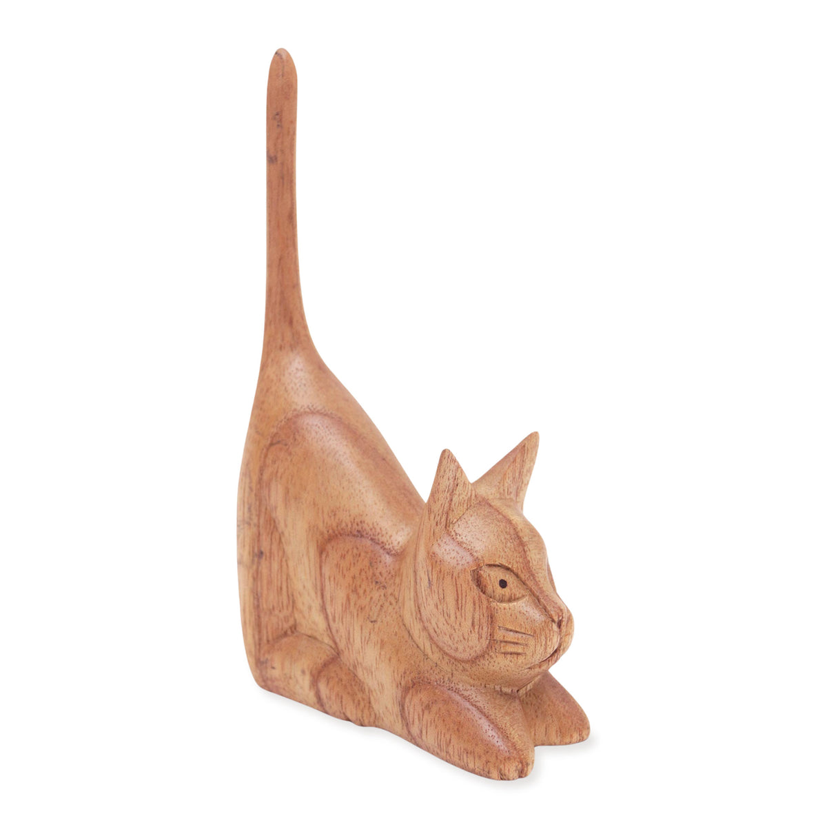Balinese Hand-Carved Jempinis Wood Sculpture of Brown Cat