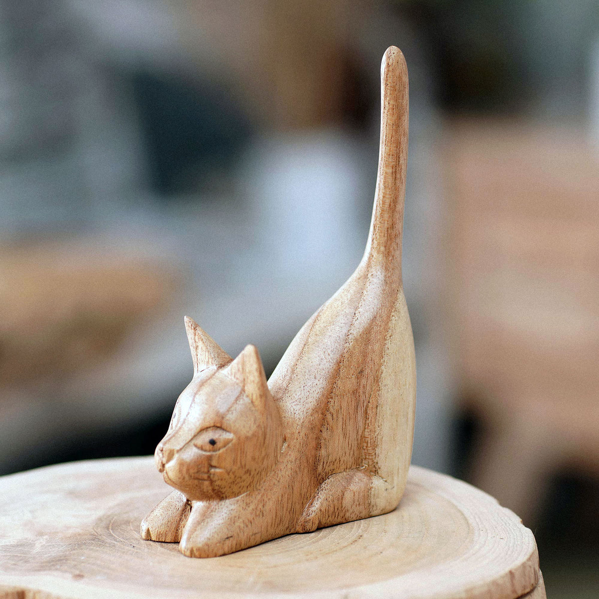 Balinese Hand-Carved Jempinis Wood Sculpture of Brown Cat