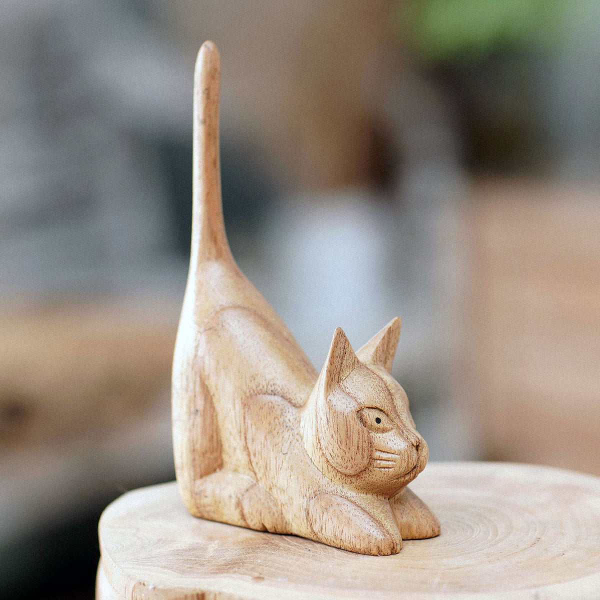 Balinese Hand-Carved Jempinis Wood Sculpture of Brown Cat