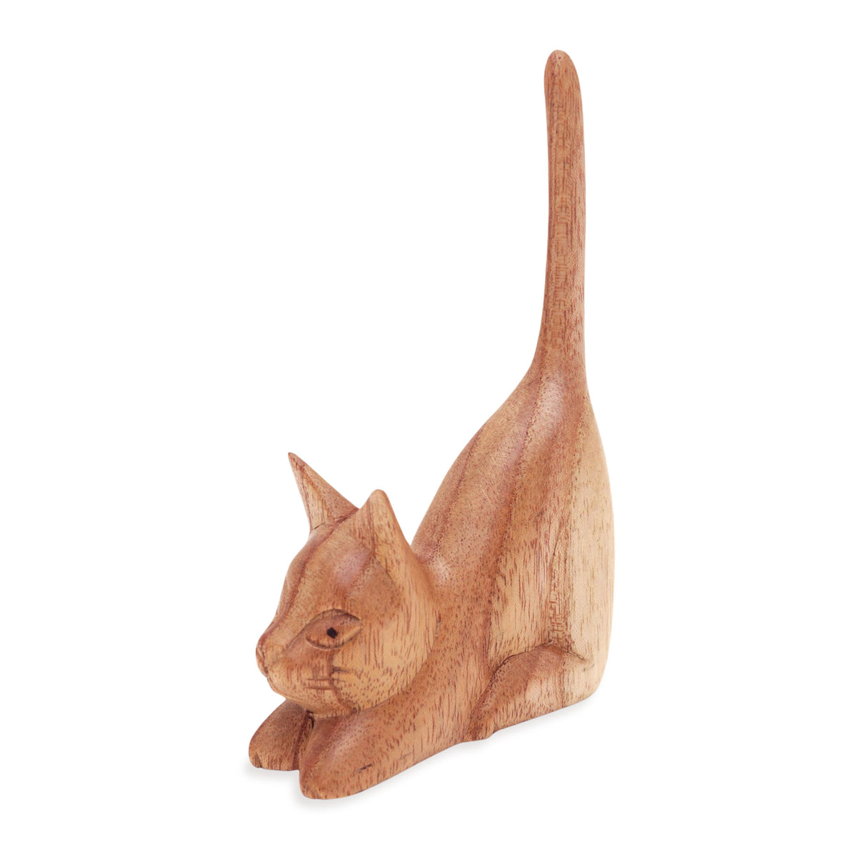 Balinese Hand-Carved Jempinis Wood Sculpture of Brown Cat