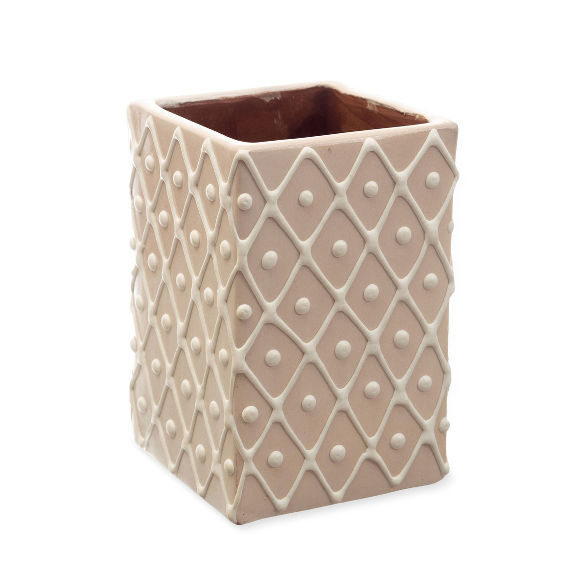 Oneiric Vibes - Beige and White Ceramic Flower Pot with Diamond Pattern
