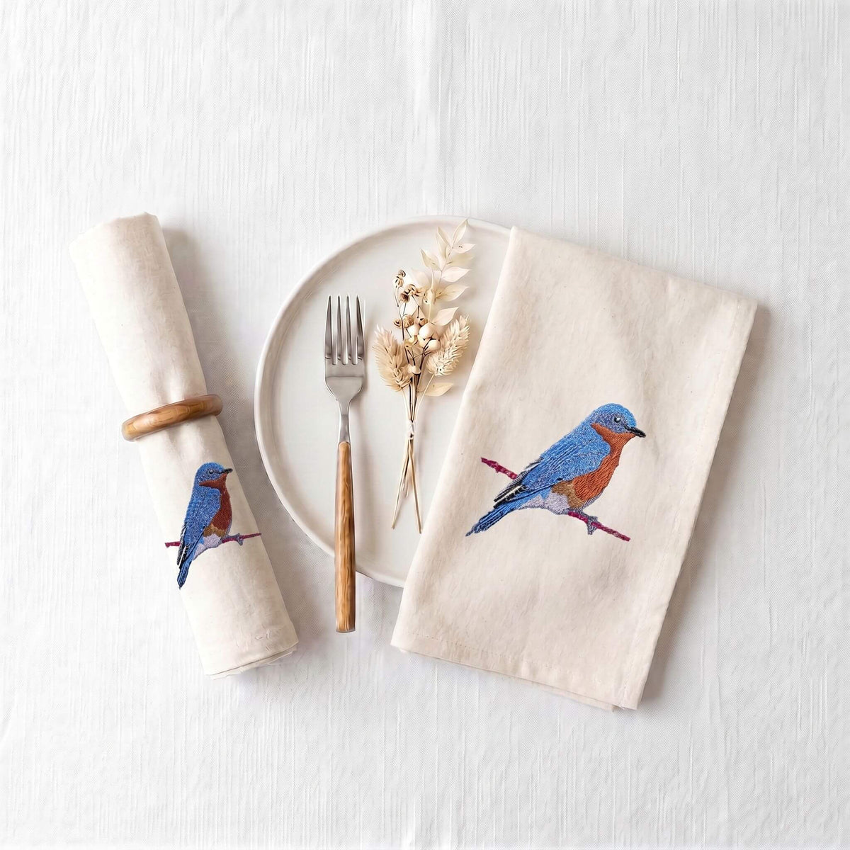 Bird Embroidered Napkin Set, Bluebird