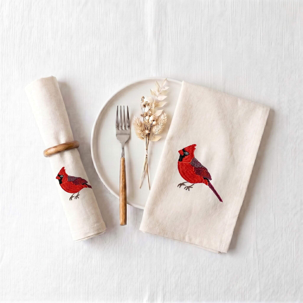 Bird Embroidered Napkin Set, Cardinal