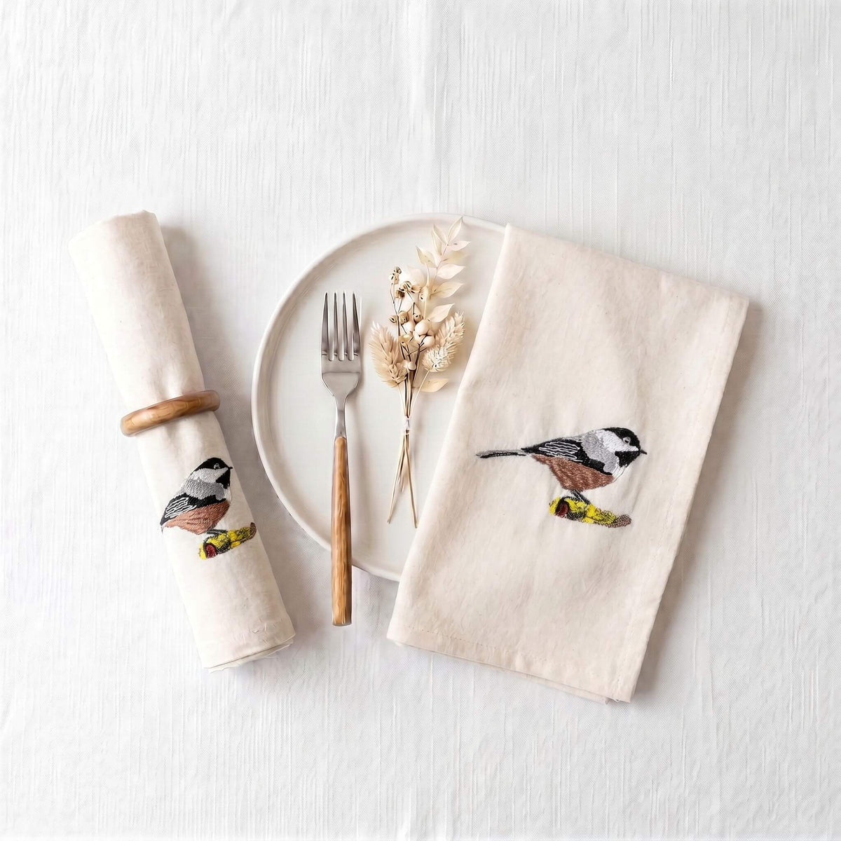 Bird Embroidered Napkin Set, Chickadee