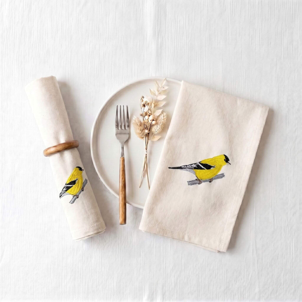 Bird Embroidered Napkin Set, Goldfinch