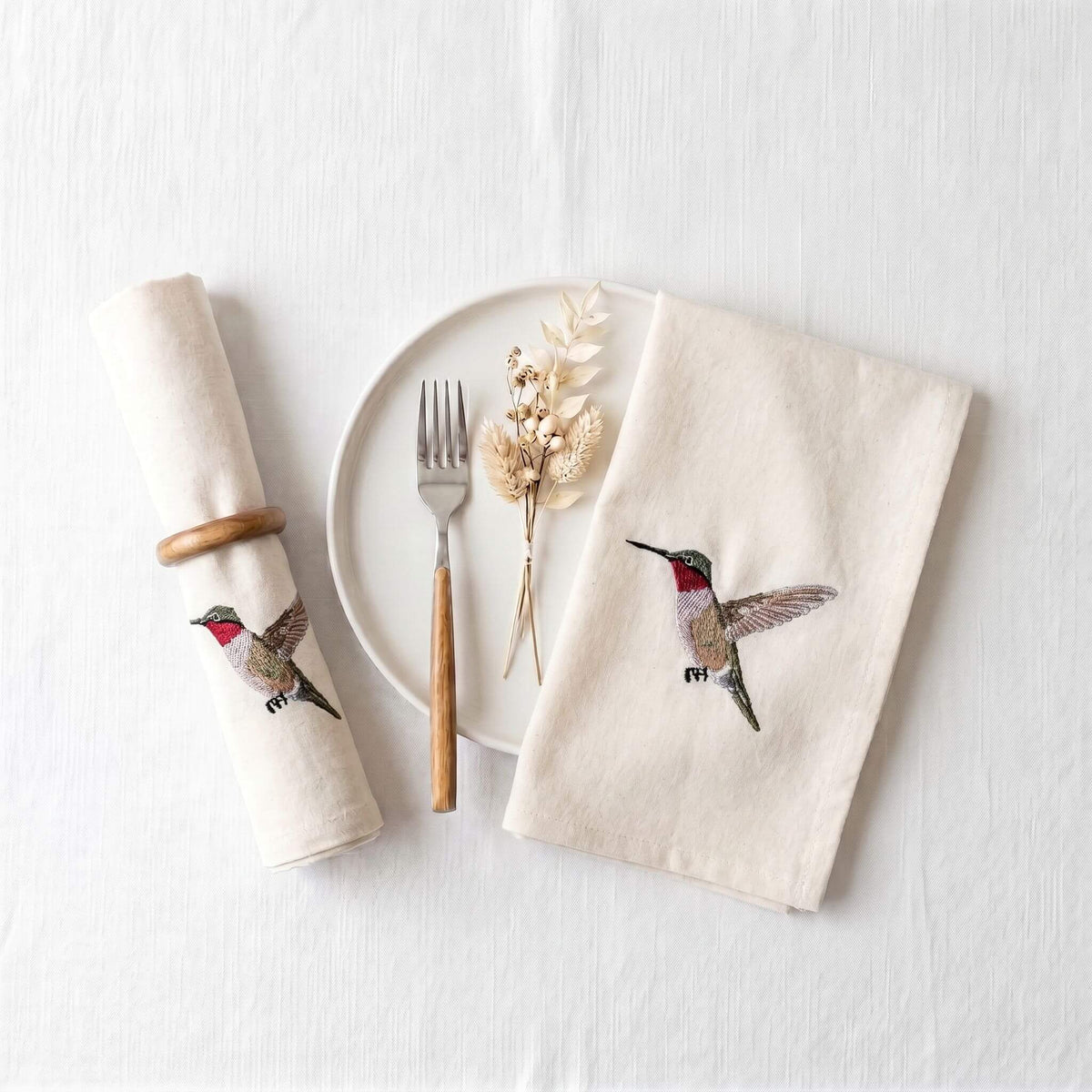 Bird Embroidered Napkin Set, Humming Bird