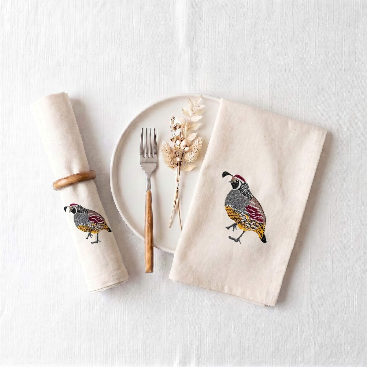 Bird Embroidered Napkin Set, Quail