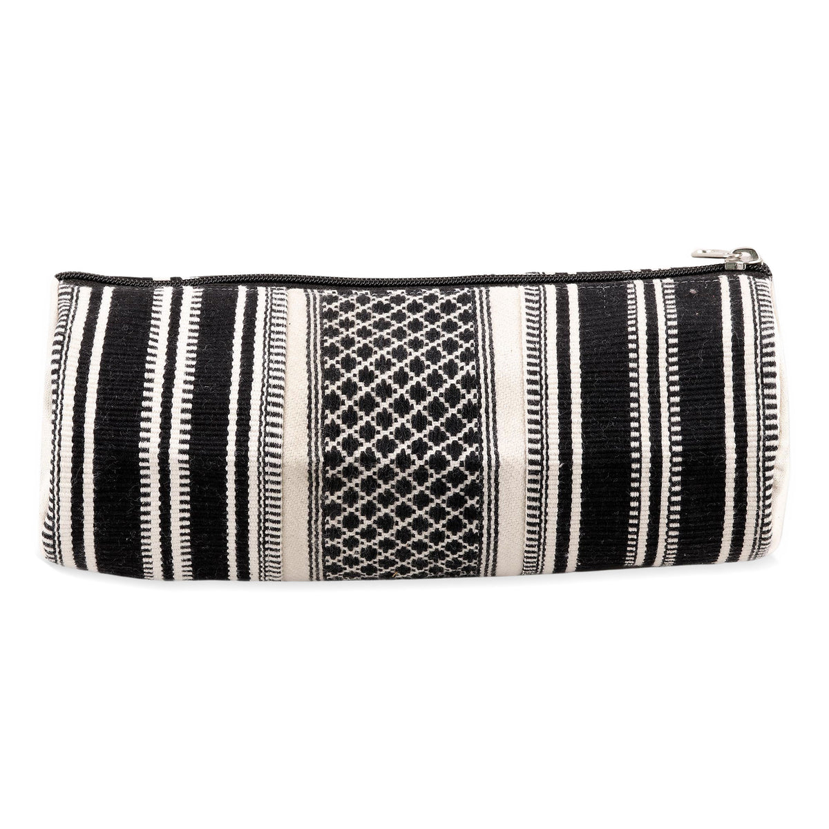 Scintillating Desire - a Black and White Hand Woven Cotton Cosmetic Case from India