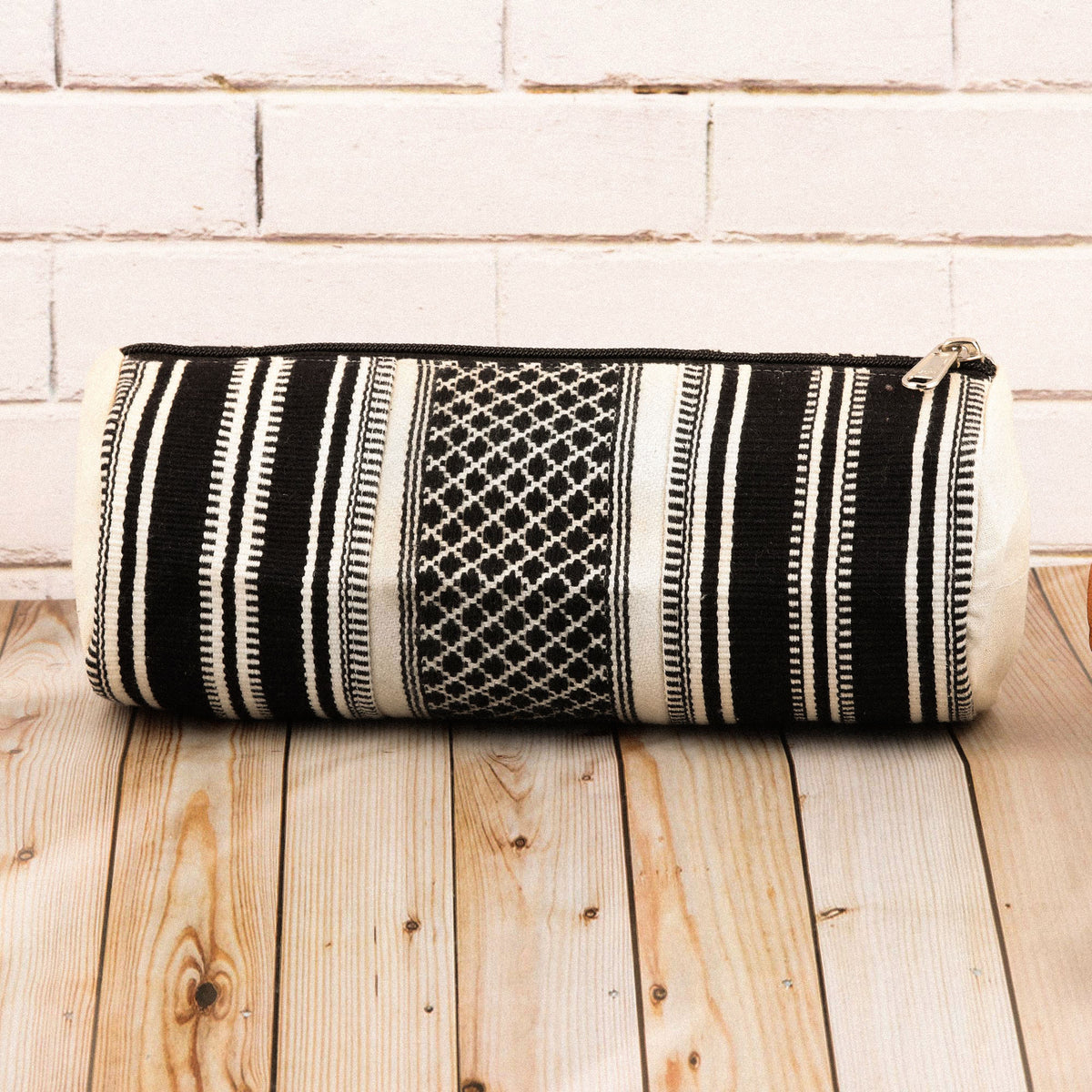 Scintillating Desire - a Black and White Hand Woven Cotton Cosmetic Case from India
