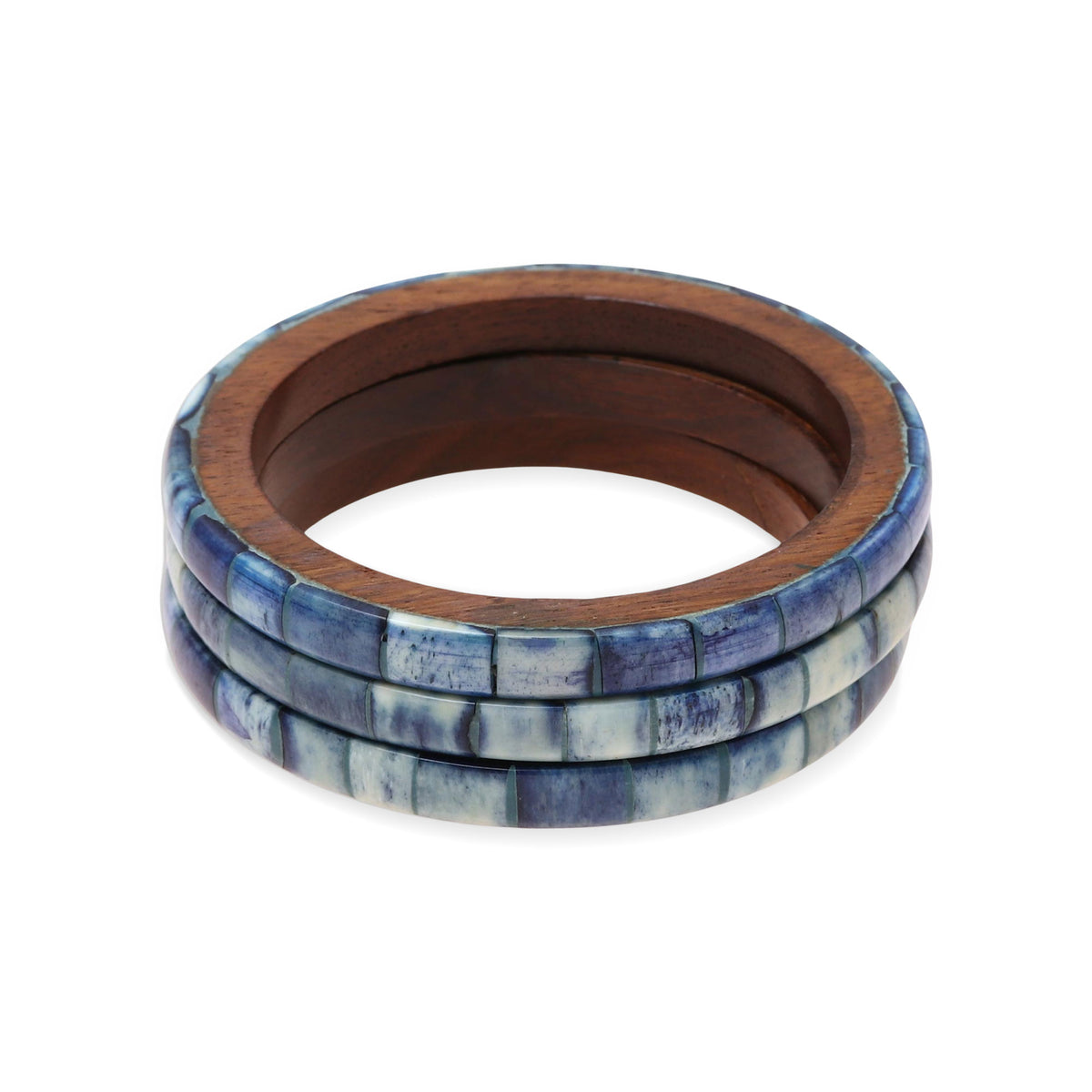 Blue Saga - a Set of Three Blue Bone and Mango Wood Bangle Bracelets 