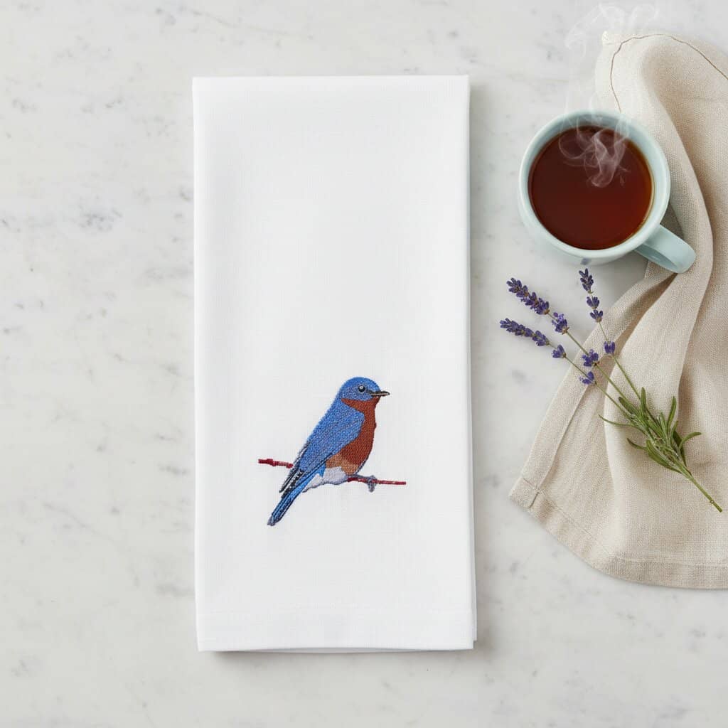 Bird Embroidered Tea Towel, Blue Bird