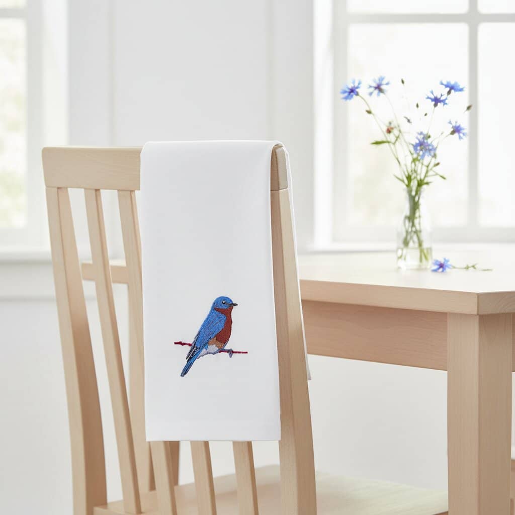 Bird Embroidered Tea Towel, Blue Bird