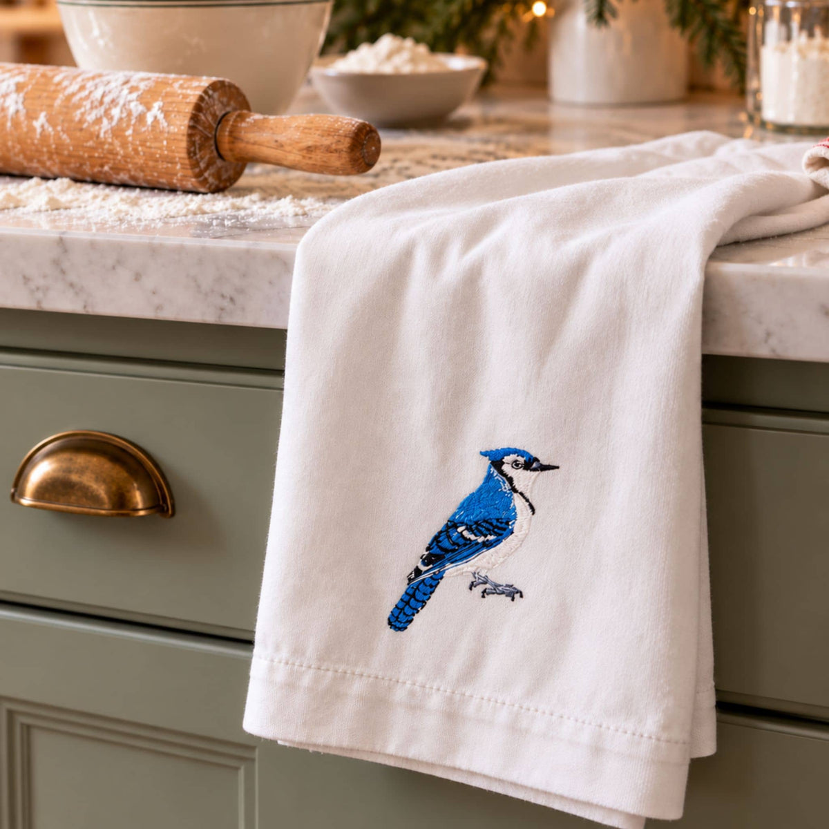 Bird Embroidered Tea Towel, Bluejay