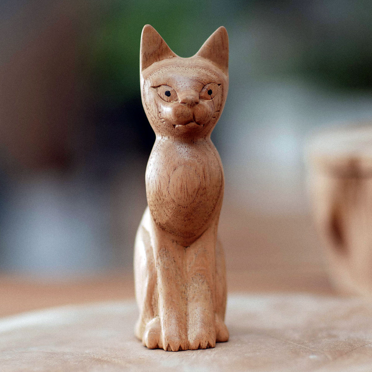 Brown Cat Sculpture Hand-Carved from Jempinis Wood in Bali