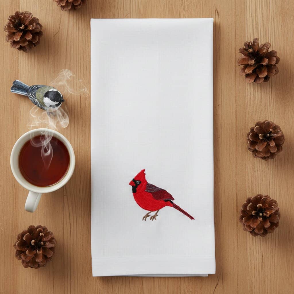 Bird Embroidered Tea Towel, Cardinal