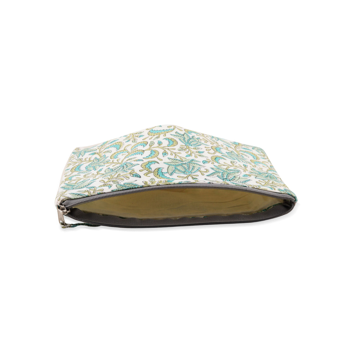 Inside Leafy Friends - a Cotton Cosmetic Bag with Hand-Block Printed Leafs & Flowers