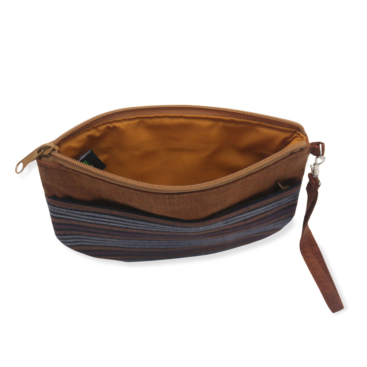 A look inside the Striped Brown Clutch Exterior Pocket Wristlet - 100% Cotton
