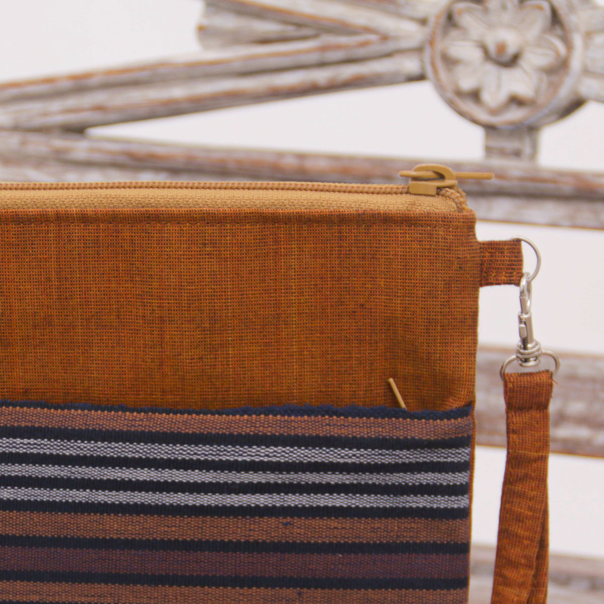 Details of Striped Brown Clutch Exterior Pocket Wristlet - 100% Cotton