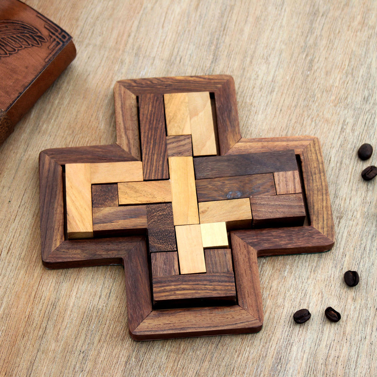 Cross-Shaped Acacia and Haldu Wood Puzzle