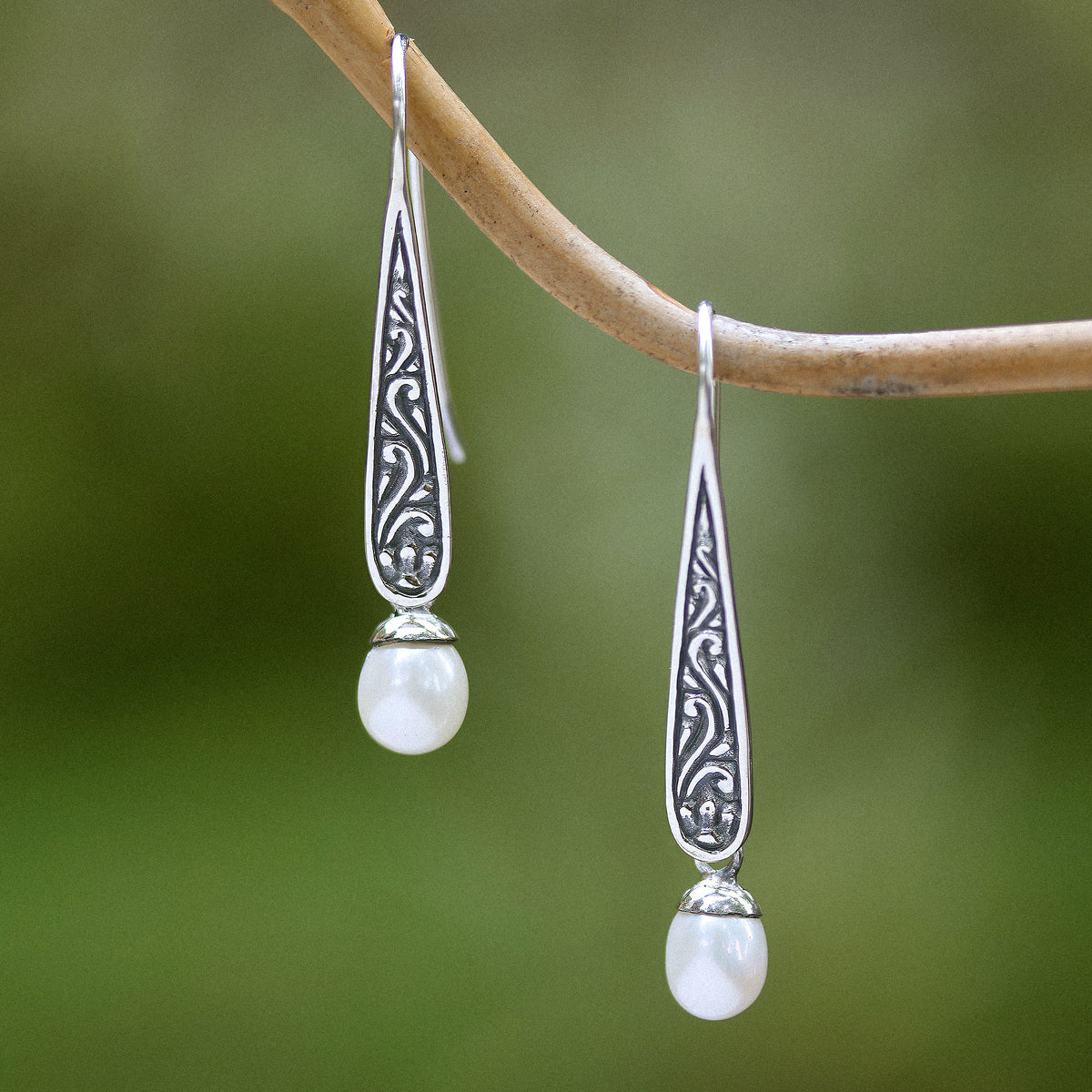 Cultured Pearl Spiral Motif Dangle Earrings from Bali - Rising Swirls