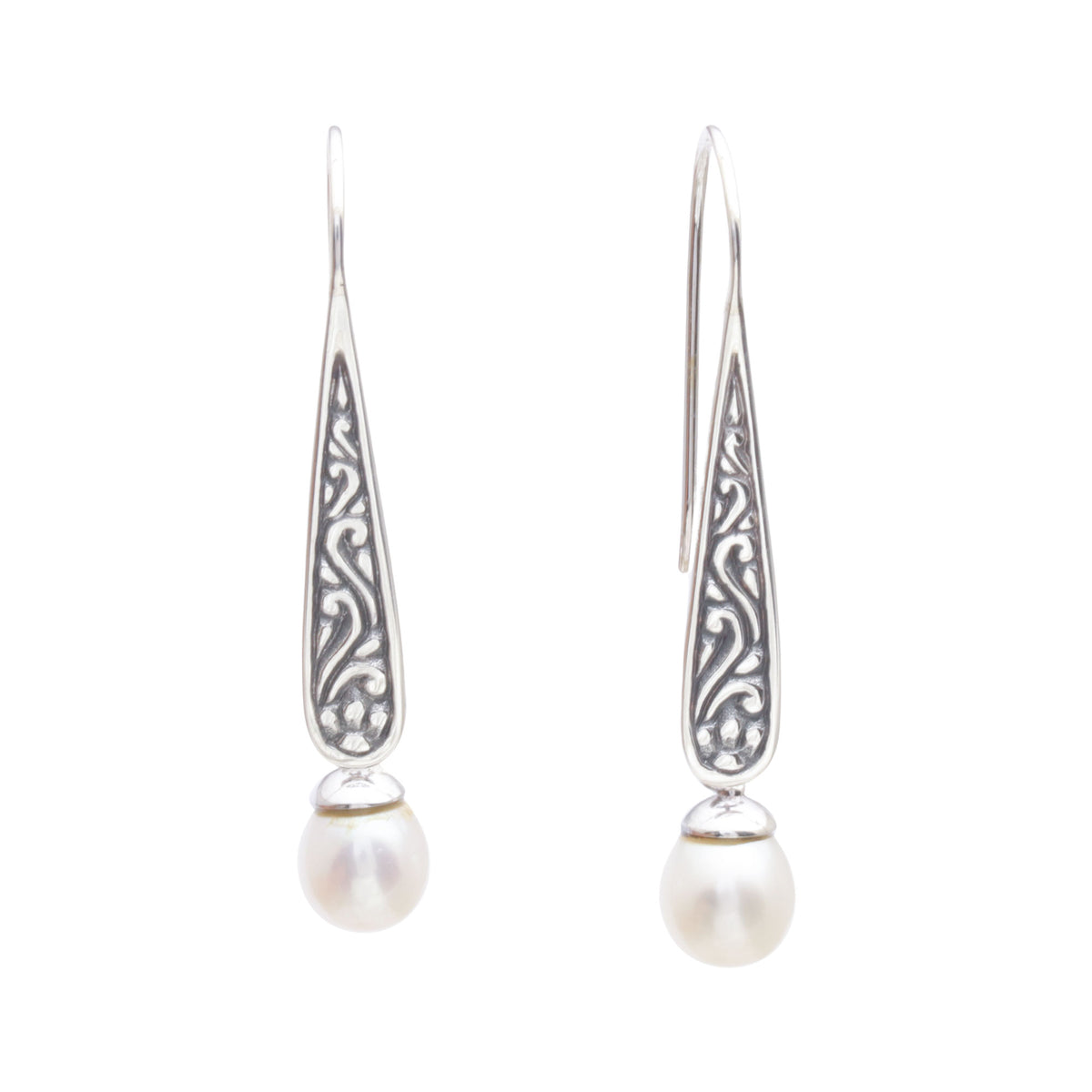 Cultured Pearl Spiral Motif Dangle Earrings from Bali - Rising Swirls