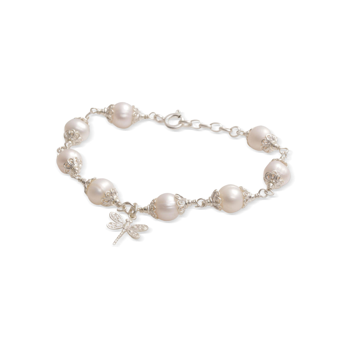 Moonlight Dragonfly - Cultured Pearl and Sterling Silver Dragonfly Charm Bracelet