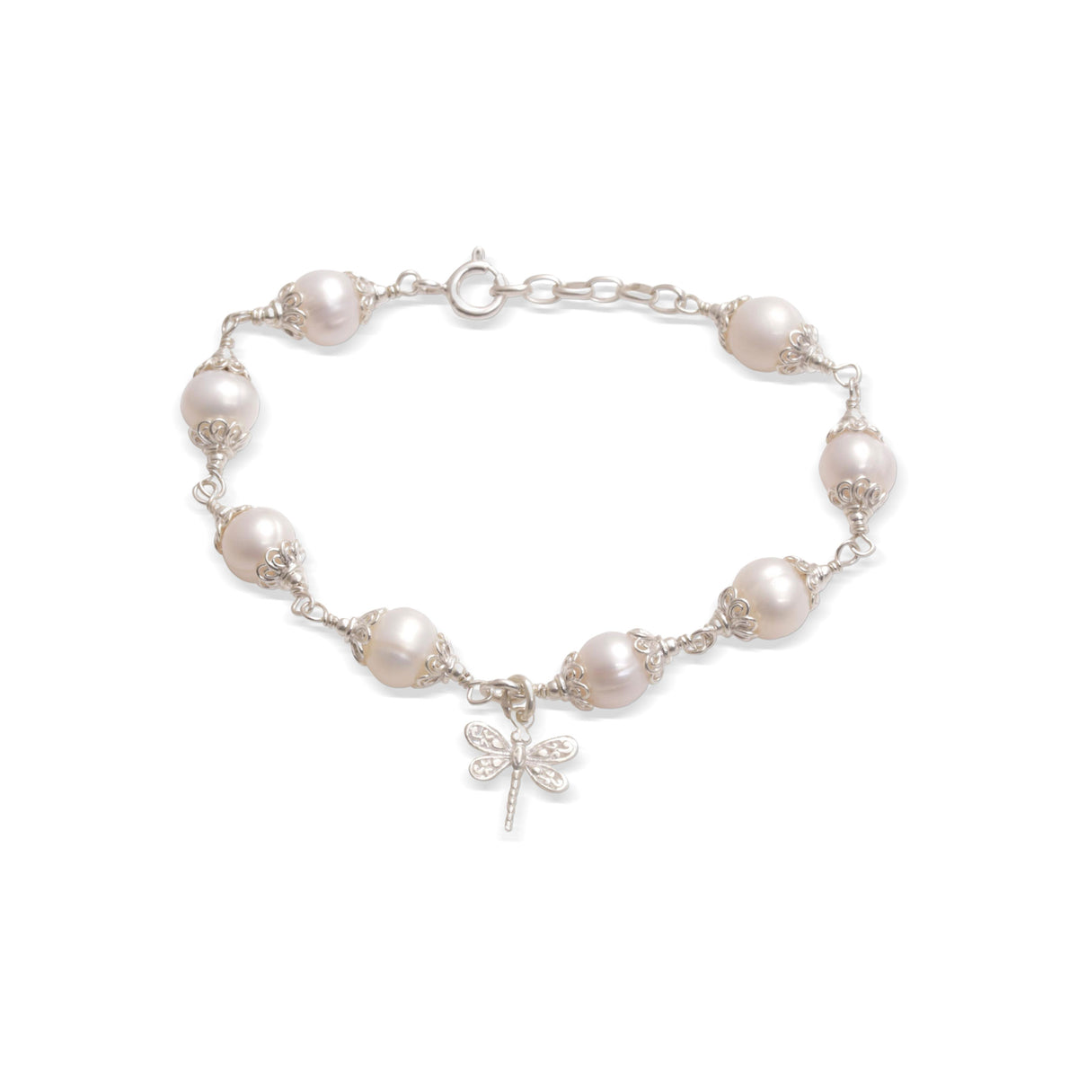 Moonlight Dragonfly - Cultured Pearl and Sterling Silver Dragonfly Charm Bracelet