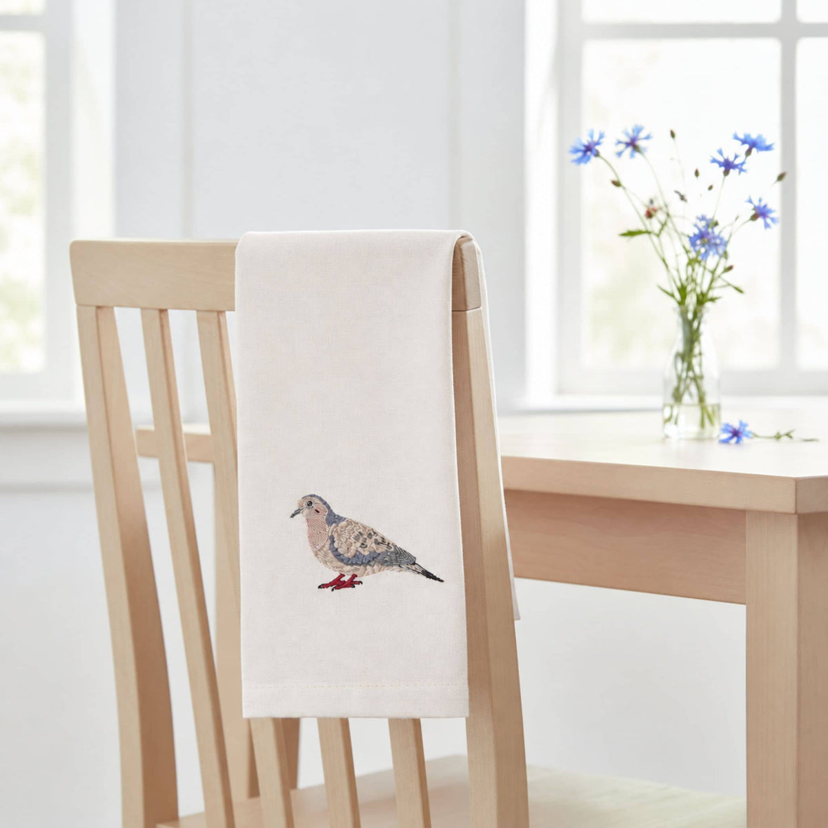 Bird Embroidered Tea Towel, Dove