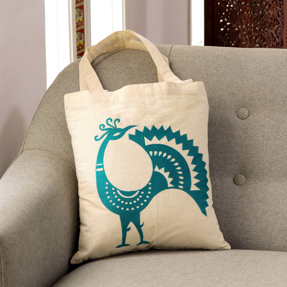 Peacock Pose in Teal - an Embroidered Peacock Cotton Shoulder Bag in Teal from India