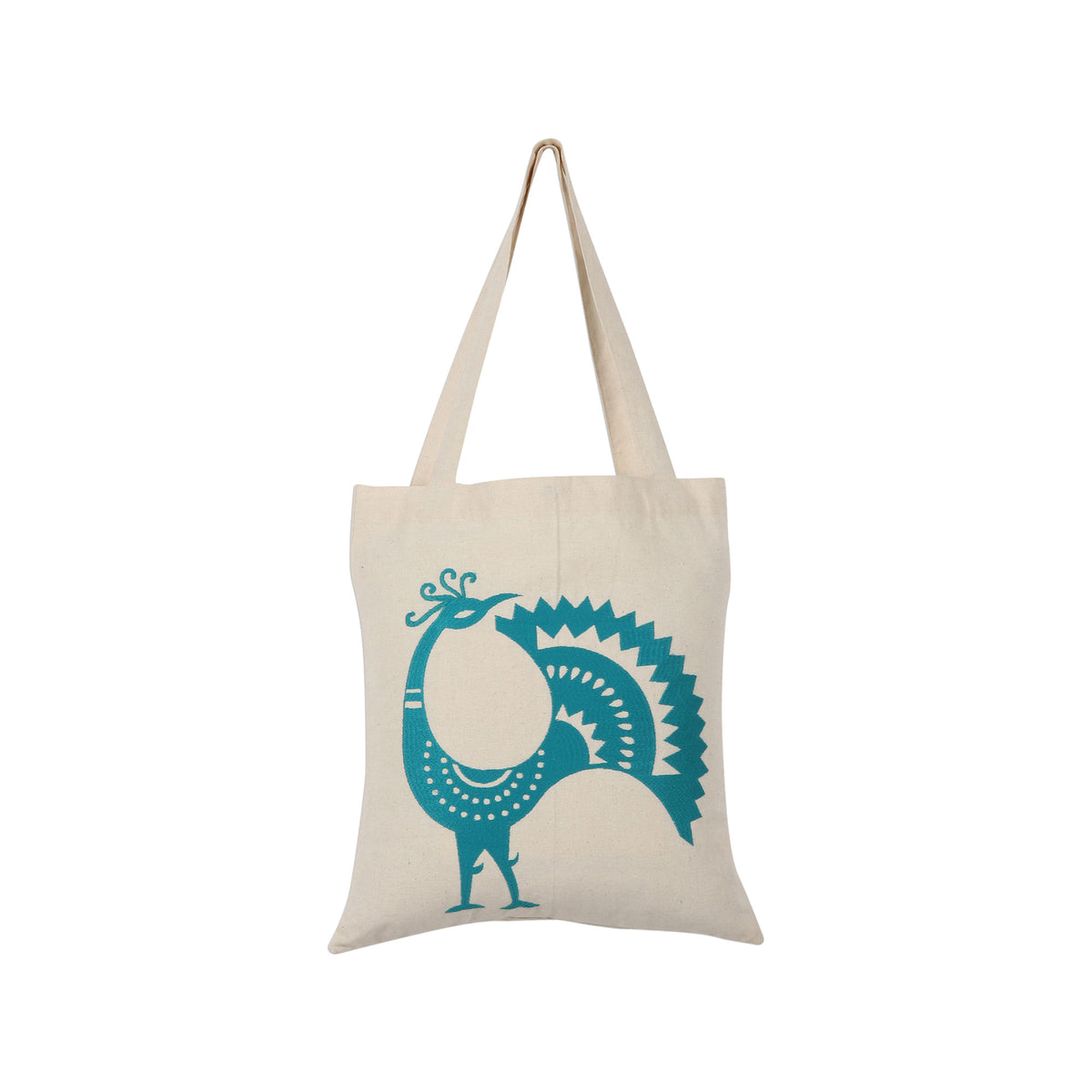 Peacock Pose in Teal - an Embroidered Peacock Cotton Shoulder Bag in Teal from India