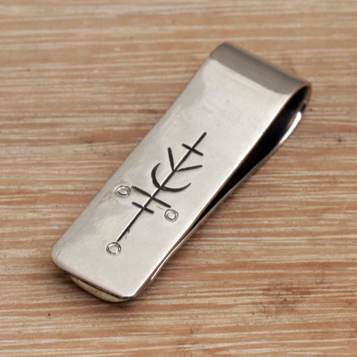 Crafted with 'Luck Will Follow Me' Sigil - Engraved Stainless Steel Money Clip from Indonesia