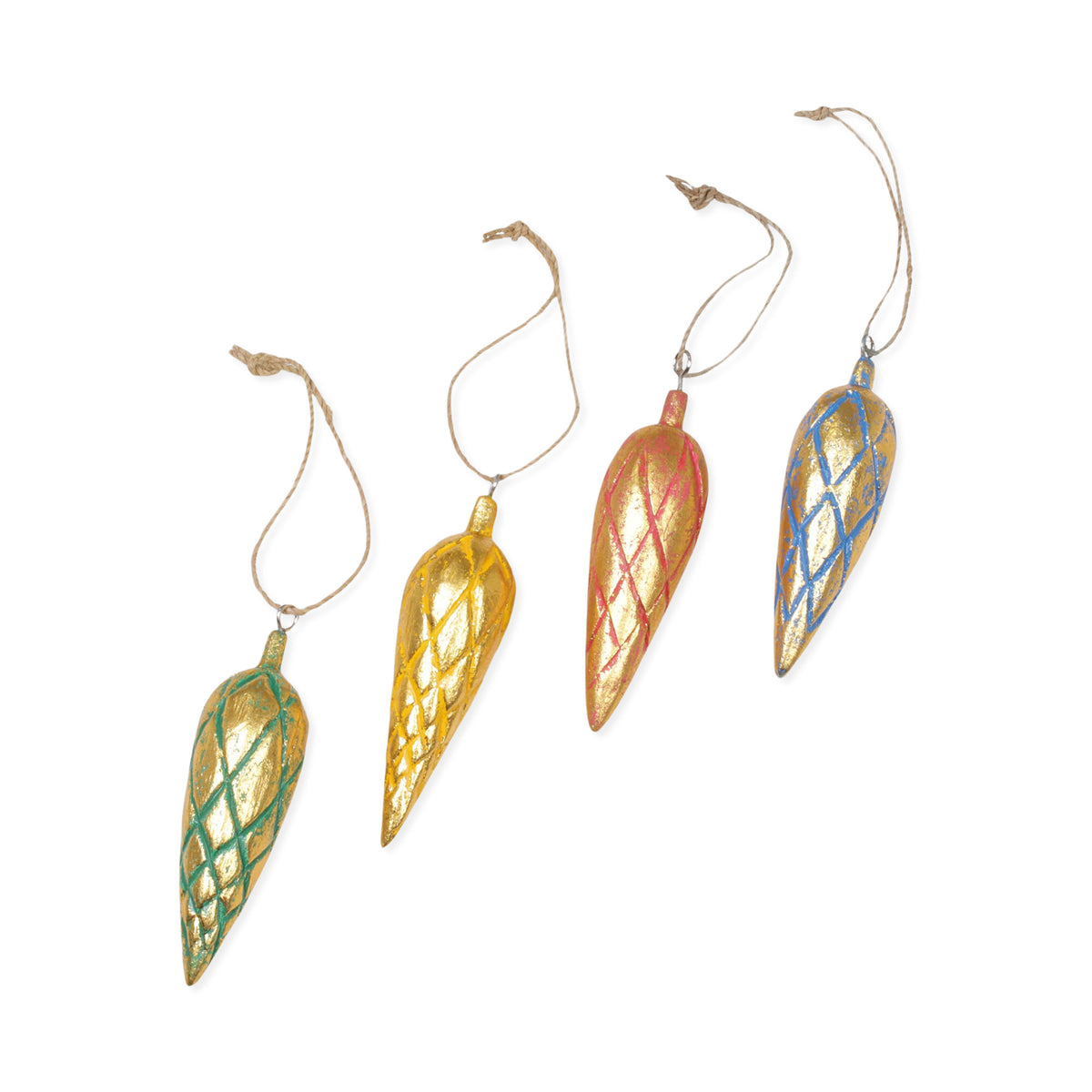 Golden Cones - Four Handcrafted Gold Tone Albesia Wood Ornaments from Bali